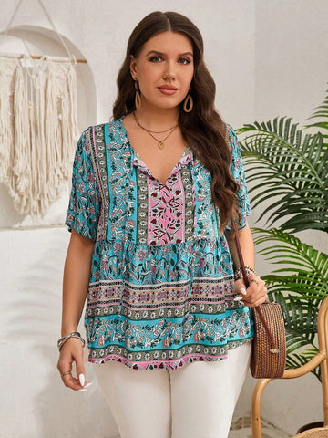 PLUS SIZE Aster Top - Blue-Plus Size Blouses- Boheme Junction