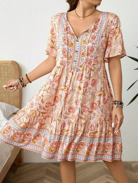 PLUS SIZE Zarah Mini Dress - Peach-Plus Size Dresses- Boheme Junction