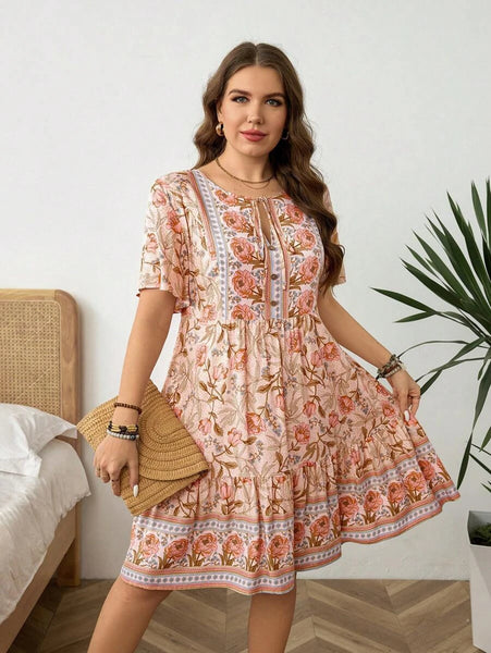 PLUS SIZE Zarah Mini Dress - Peach-Plus Size Dresses- Boheme Junction