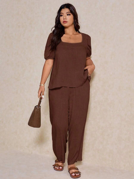 PLUS SIZE Novo Pant & Top Set - Coffee-Plus Size Co-Ords- Boheme Junction