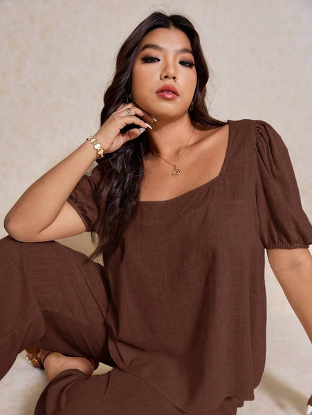PLUS SIZE Novo Pant & Top Set - Coffee-Plus Size Co-Ords- Boheme Junction