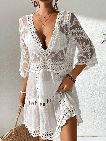 SCOTTIE Lace Cover Up - White-Women Beachwear- Boheme Junction