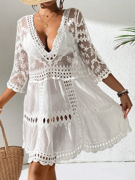 SCOTTIE Lace Cover Up - White-Women Beachwear- Boheme Junction