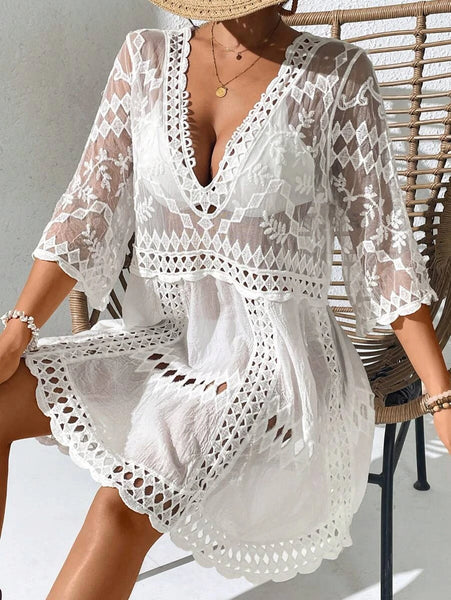 SCOTTIE Lace Cover Up - White-Women Beachwear- Boheme Junction