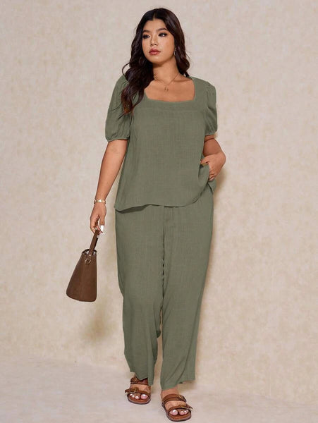 PLUS SIZE Novo Pant & Top Set - Khaki-Plus Size Co-Ords- Boheme Junction