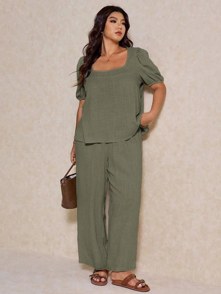 PLUS SIZE Novo Pant & Top Set - Khaki-Plus Size Co-Ords- Boheme Junction