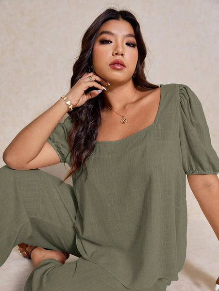PLUS SIZE Novo Pant & Top Set - Khaki-Plus Size Co-Ords- Boheme Junction