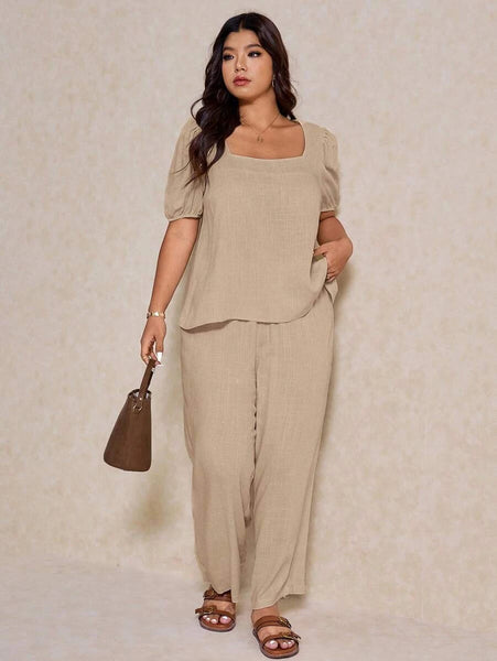 PLUS SIZE Novo Pant & Top Set - Beige-Plus Size Co-Ords- Boheme Junction