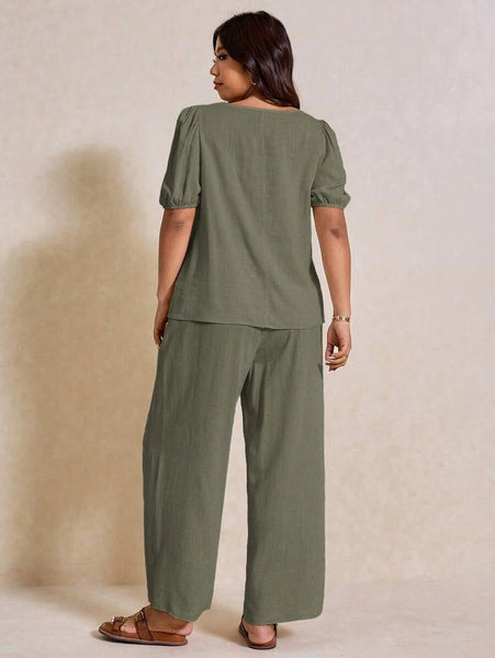 PLUS SIZE Novo Pant & Top Set - Khaki-Plus Size Co-Ords- Boheme Junction