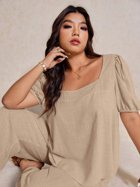 PLUS SIZE Novo Pant & Top Set - Beige-Plus Size Co-Ords- Boheme Junction