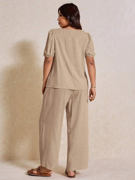 PLUS SIZE Novo Pant & Top Set - Beige-Plus Size Co-Ords- Boheme Junction