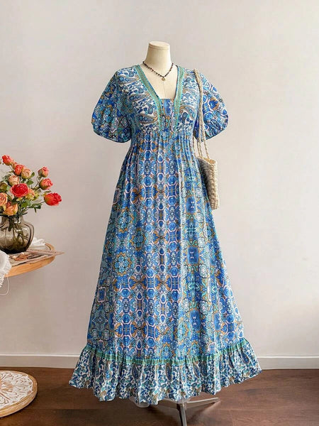 PLUS SIZE Capri Maxi Dress - Blue-Plus Size Dresses- Boheme Junction