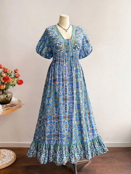 PLUS SIZE Capri Maxi Dress - Blue-Plus Size Dresses- Boheme Junction