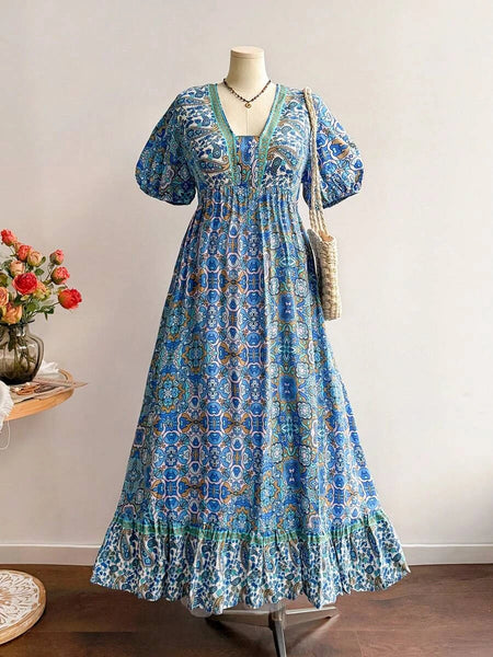 PLUS SIZE Capri Maxi Dress - Blue-Plus Size Dresses- Boheme Junction