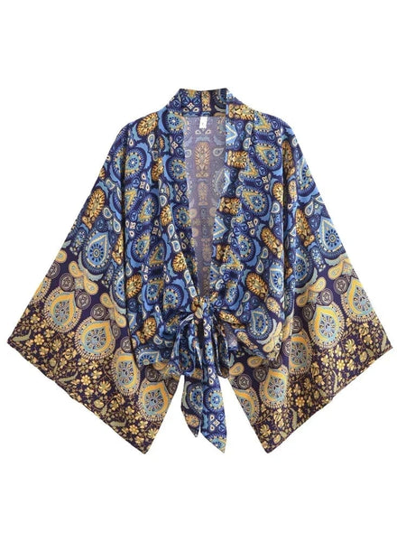 IZZY Cropped Kimono - Blue-BOHEME JUNCTION- Boheme Junction