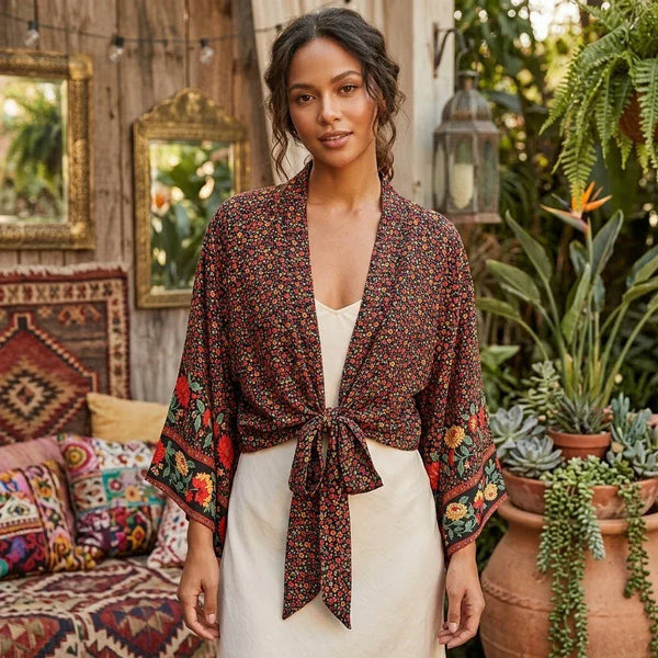 ZABELLA Cropped Kimono - Black-Kimono- Boheme Junction