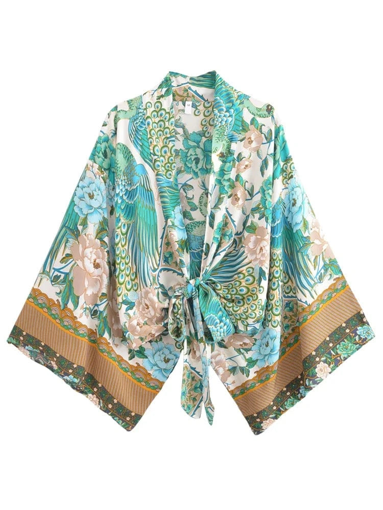 CORINNE Cropped Kimono - Green-Kimono- Boheme Junction