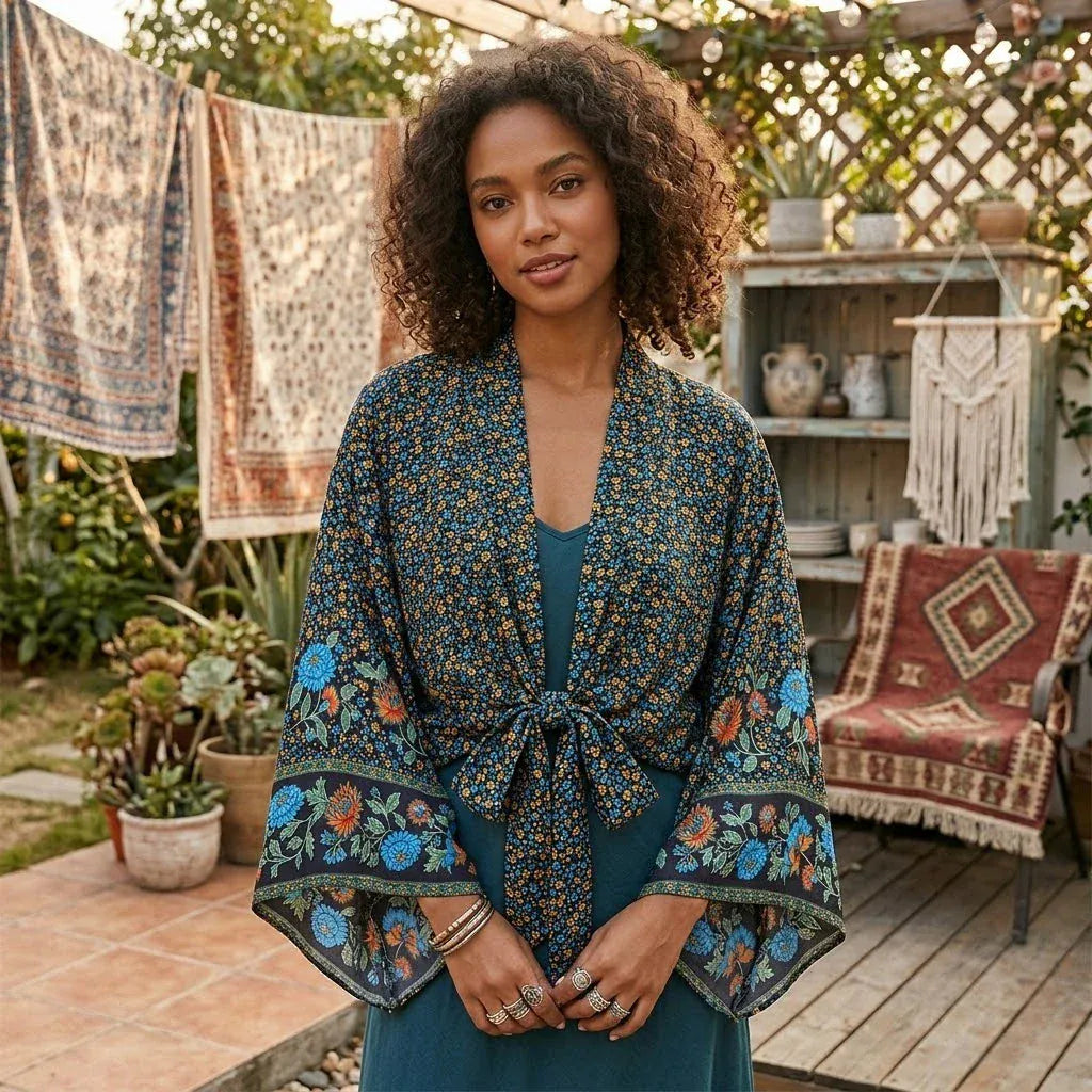 ZABELLA Cropped Kimono - Navy-Kimono- Boheme Junction