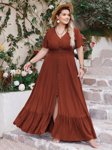 PLUS SIZE Anais Maxi Dress - Coffee-Plus Size Dresses- Boheme Junction
