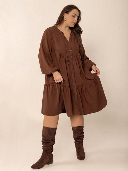 PLUS SIZE Cheri Midi Dress - Coffee-Plus Size Dresses- Boheme Junction