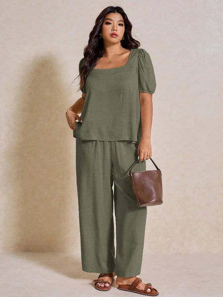 PLUS SIZE Novo Pants & Top Set - Khaki-Plus Size Co-Ords- Boheme Junction
