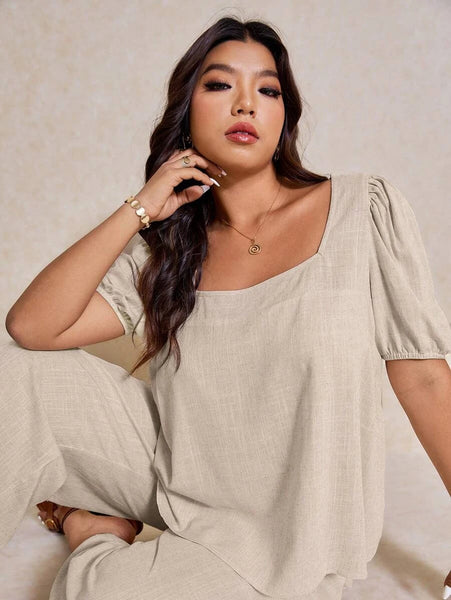 PLUS SIZE Novo Pants & Top Set - Oatmeal-Plus Size Co-Ords- Boheme Junction