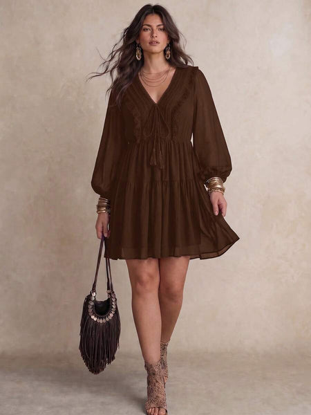 PLUS SIZE Tyler Mini Dress - Brown-Plus Size Dresses- Boheme Junction