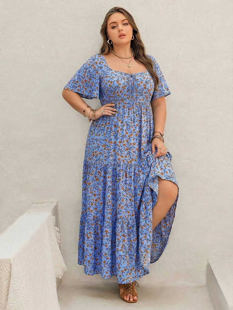 blue plus size boho dress Sky Blue Plus Size Floral Print Boho Midi Dress Sky Blue / 1X / 91%Viscose+9%Polyamide