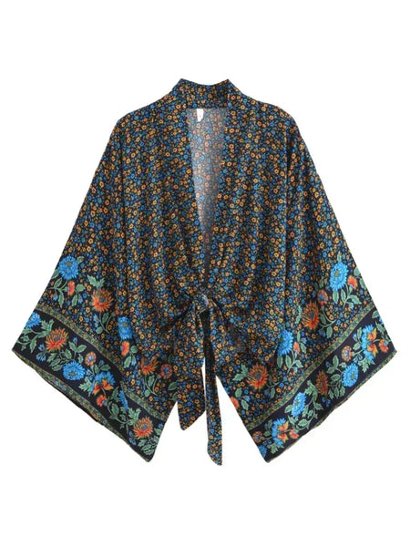 ZABELLA Cropped Kimono - Navy-Kimono- Boheme Junction