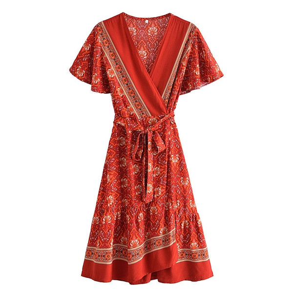 ELISSA Wrap Mini Dress - Red-Dresses- Boheme Junction