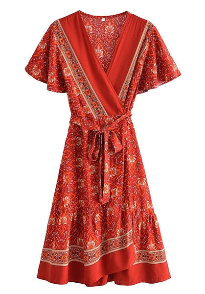 ELISSA Wrap Mini Dress - Red-Dresses- Boheme Junction